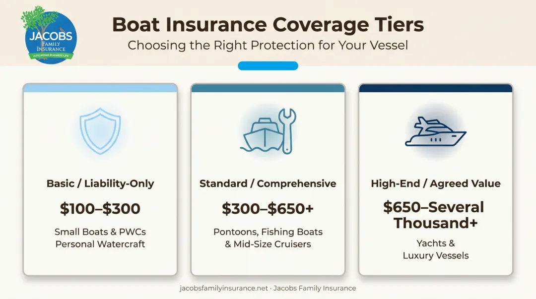 Three-tier boat insurance coverage comparison chart with pricing and use cases