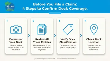 4-step dock insurance coverage review process flow for homeowners infographic