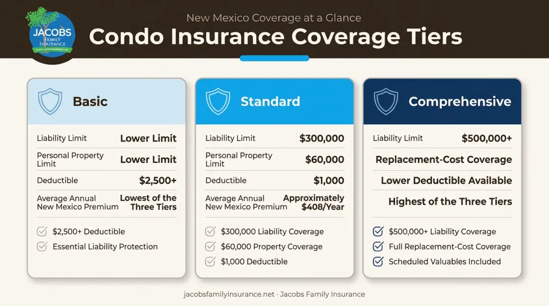 Three-tier condo insurance coverage comparison chart with pricing breakdown