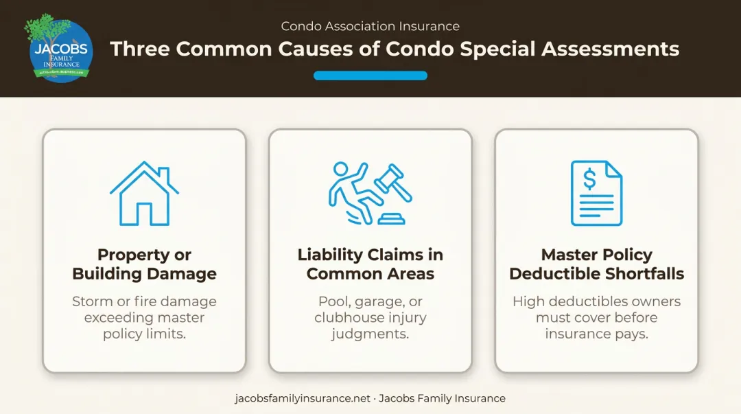 Three common triggers for condo association special assessments infographic