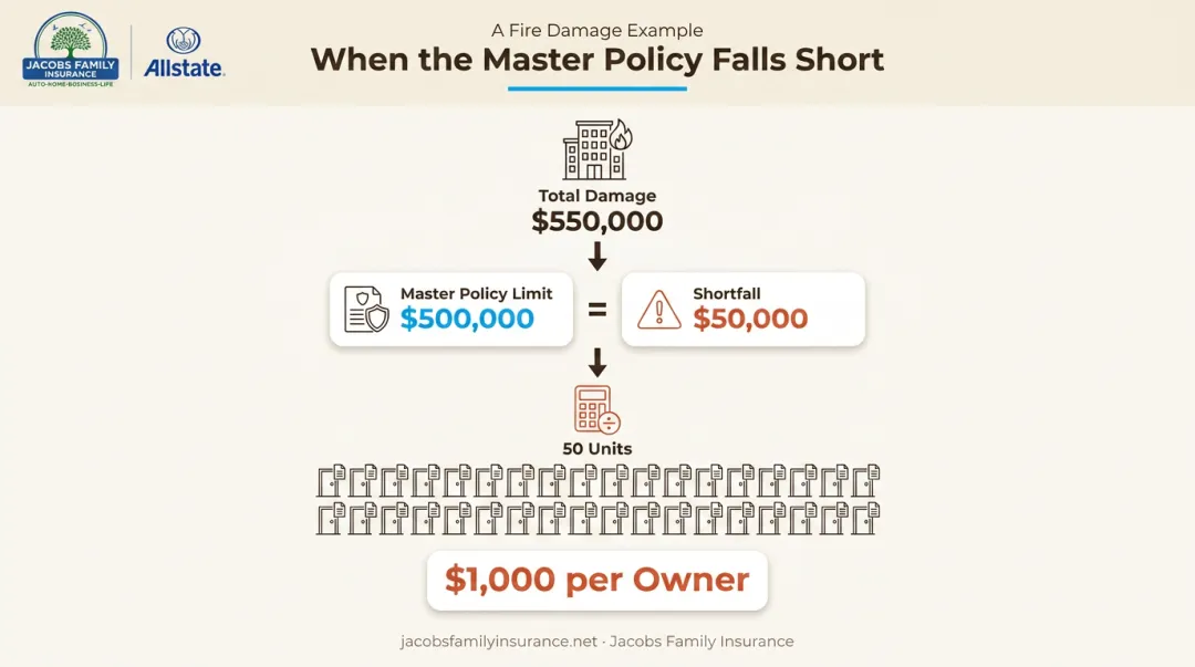 Condo fire damage special assessment breakdown showing $50,000 shortfall split among 50 units
