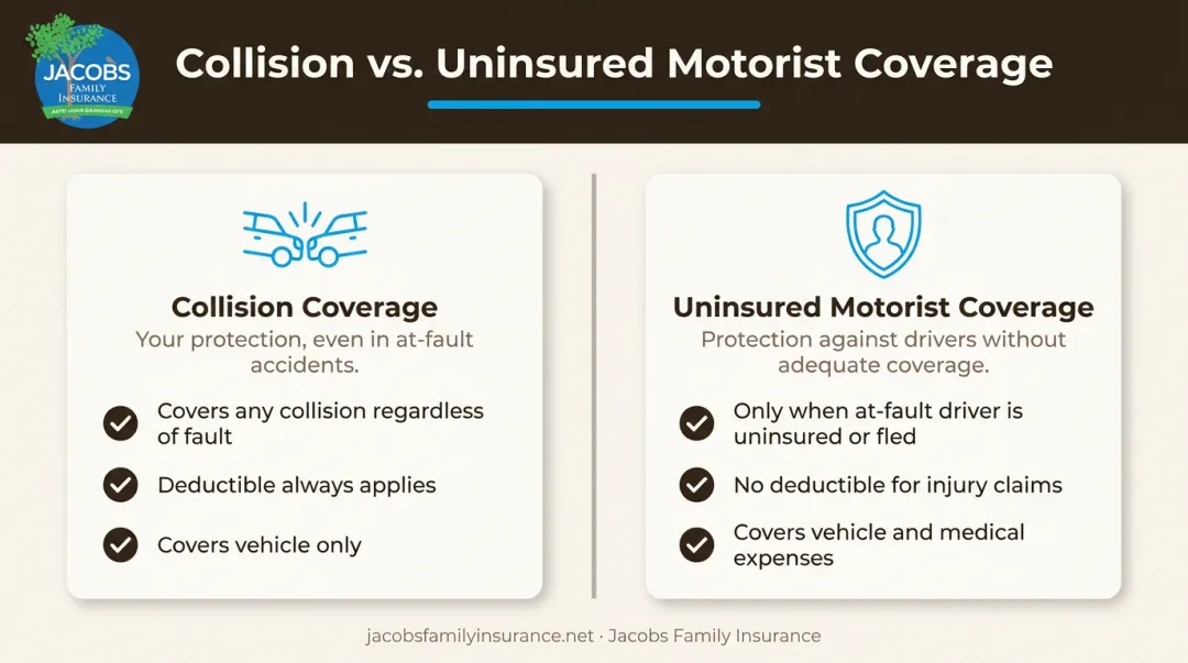 Collision versus uninsured motorist coverage comparison chart with trigger events
