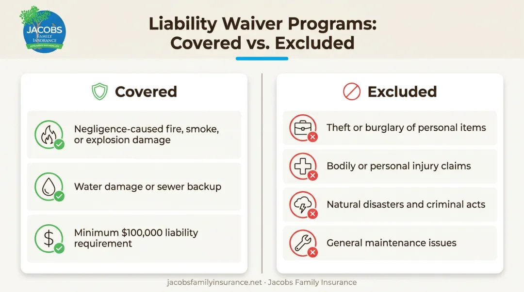 Liability waiver program coverage versus common exclusions comparison chart