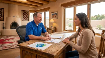 Jacobs Family Insurance agent consulting homeowner on liability coverage in Santa Fe office