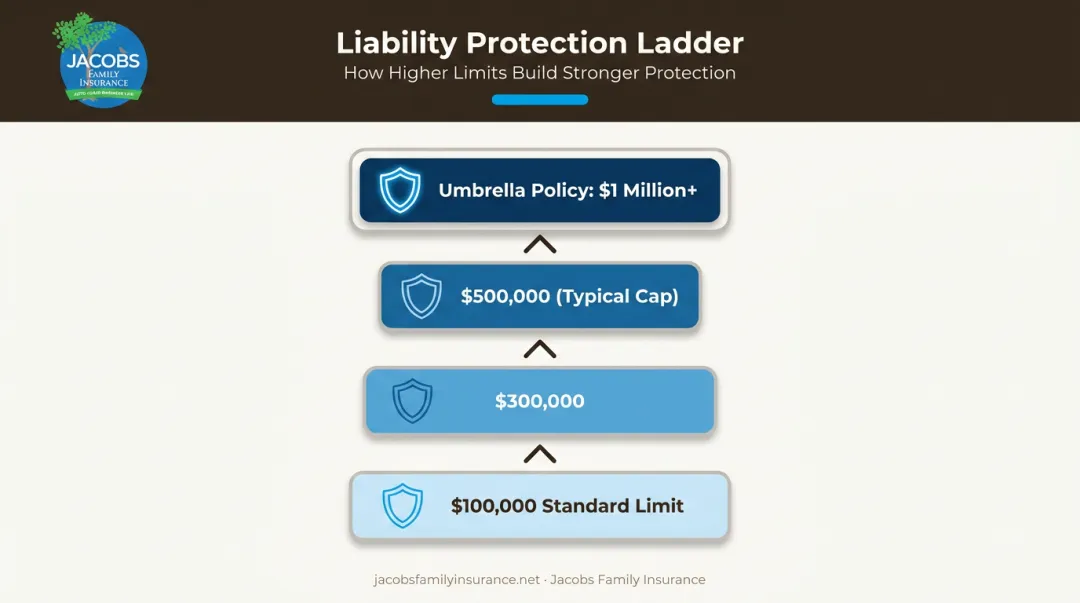 Homeowners liability coverage ladder from standard limits to umbrella policy protection
