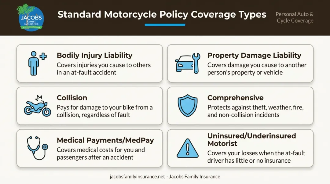 Six types of standard motorcycle insurance coverage explained in visual breakdown