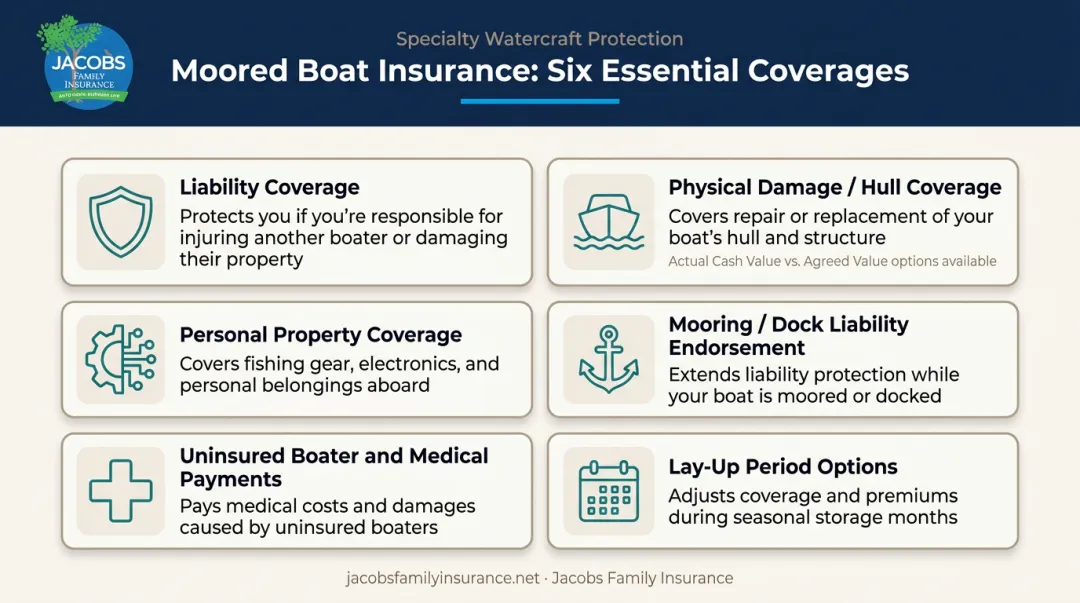 Six essential moored boat insurance coverage types overview infographic
