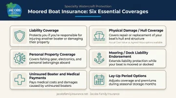 Six essential moored boat insurance coverage types overview infographic