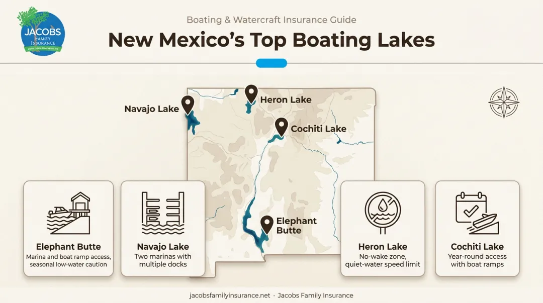 New Mexico's four major boating lakes moorage features comparison map