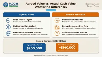 Agreed value versus actual cash value boat insurance payout comparison infographic