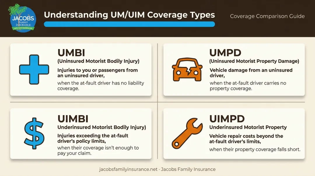 Four types of uninsured underinsured motorist coverage comparison chart UMBI UMPD UIMBI UIMPD