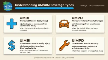 Four types of uninsured underinsured motorist coverage comparison chart UMBI UMPD UIMBI UIMPD
