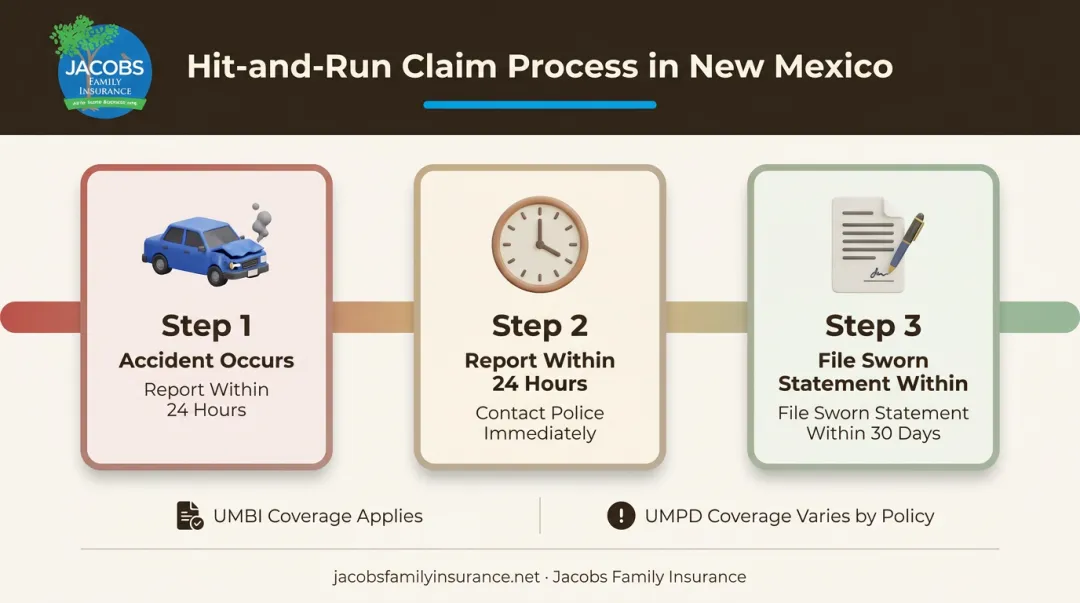 Hit-and-run accident coverage timeline showing 24-hour and 30-day filing deadlines
