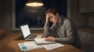 Driver reviewing medical bills and insurance paperwork after car accident at home