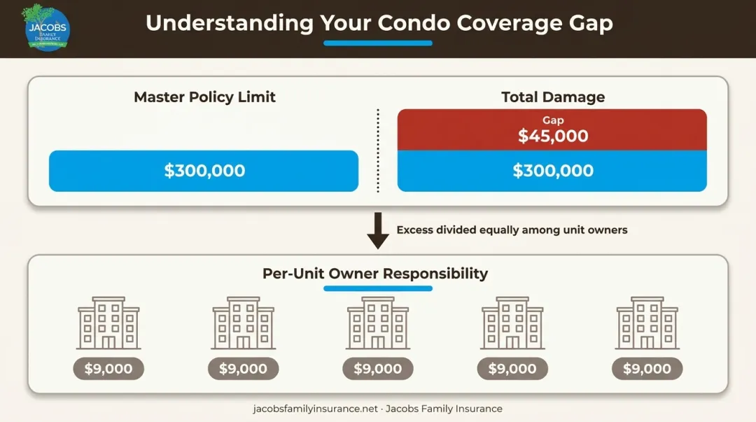 HOA master policy coverage gap assessment cost breakdown per condo unit infographic