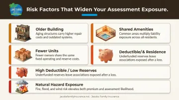 Five high-risk condo owner scenarios that increase loss assessment exposure infographic