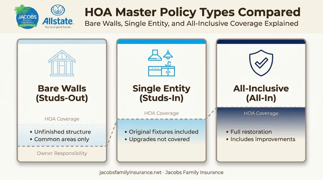 Three types of HOA master condo policy coverage compared side by side