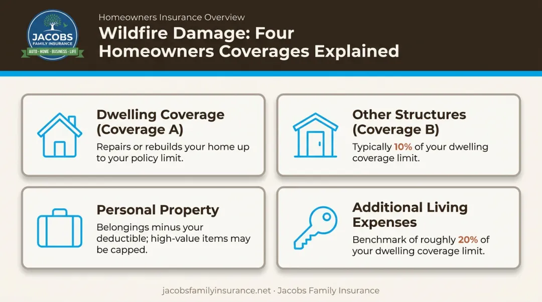 Four components of homeowners insurance wildfire coverage explained visually
