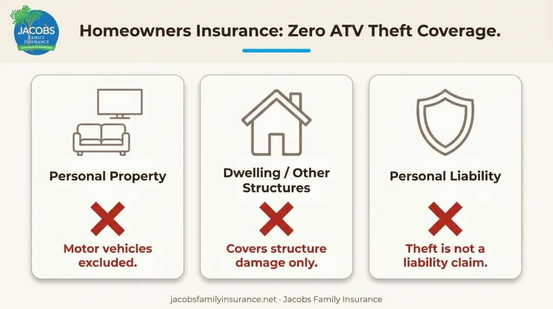 Three homeowners insurance coverage categories showing zero ATV theft protection comparison