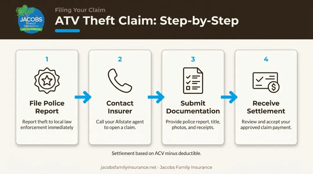 4-step ATV theft insurance claim process from police report to settlement payout