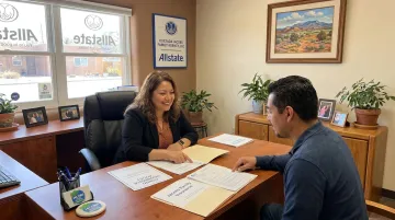 Jacobs Family Insurance agent consulting with condo owner client in Santa Fe office