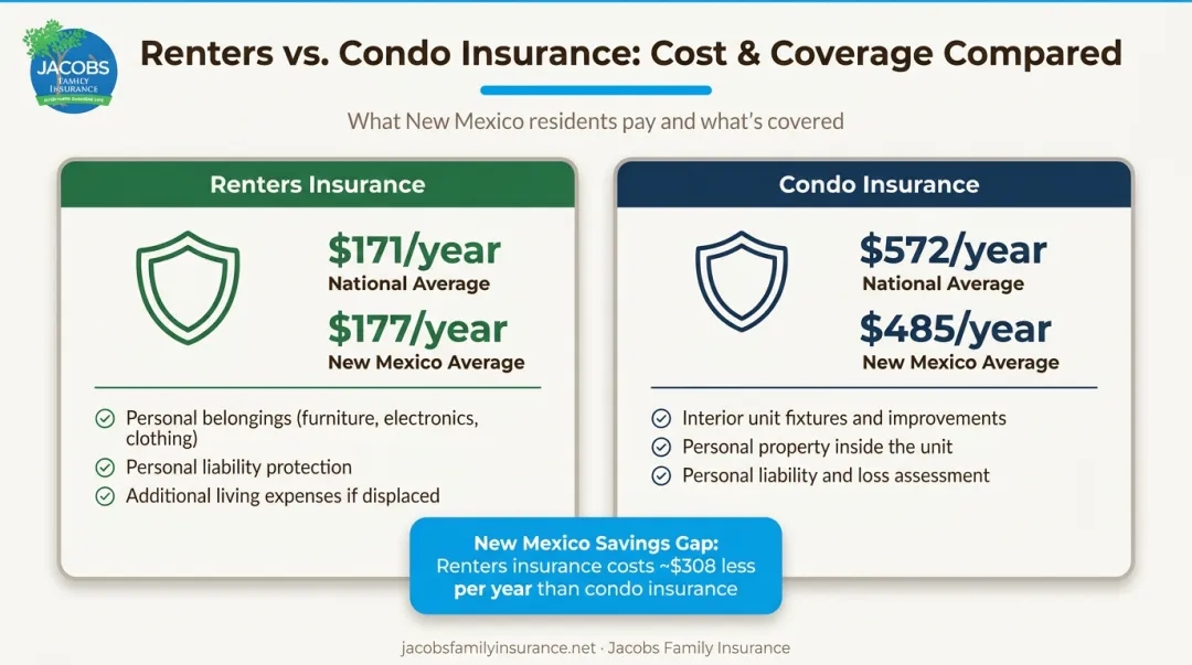 Renters versus condo insurance annual cost comparison infographic with coverage breakdown