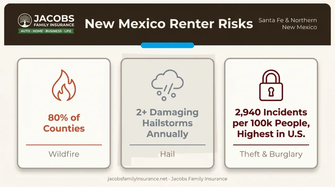 New Mexico renters insurance risks wildfire hail and burglary statistics