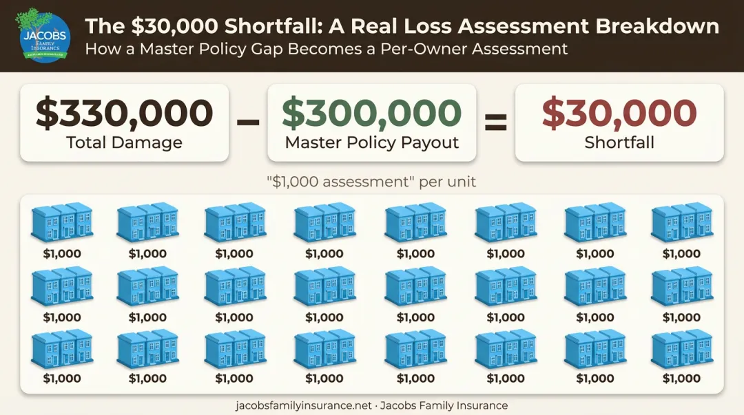 Loss assessment cost breakdown example showing $30000 shortfall split among 30 owners