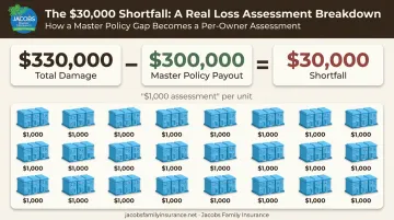 Loss assessment cost breakdown example showing $30000 shortfall split among 30 owners