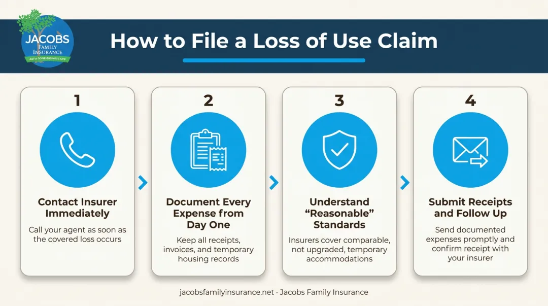 4-step renters insurance loss of use claim filing process flow diagram