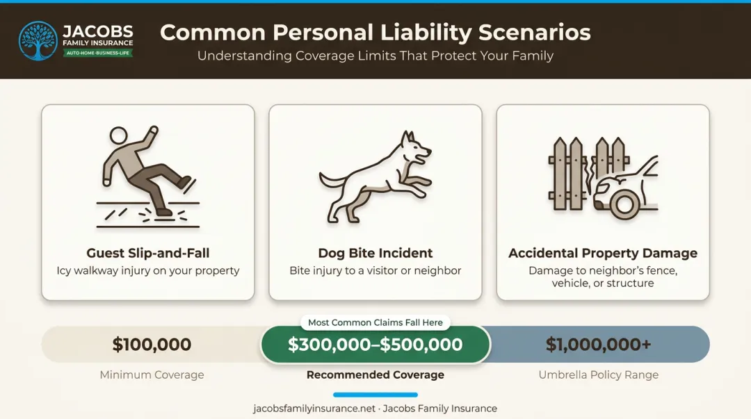 Personal liability coverage scenarios and recommended limits for homeowners infographic