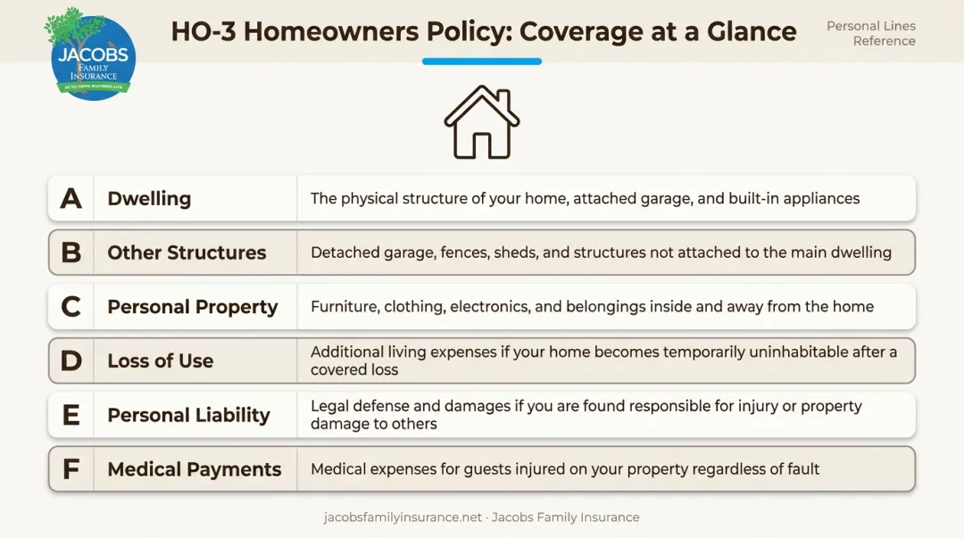 Standard HO-3 homeowners policy six coverage categories A through F explained