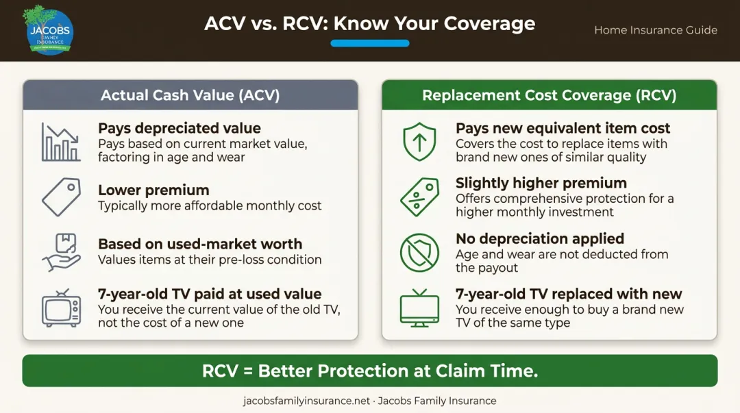 Actual cash value versus replacement cost coverage side-by-side comparison infographic