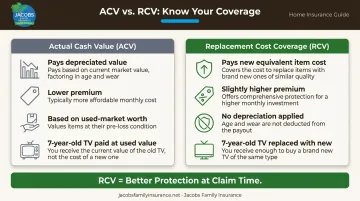 Actual cash value versus replacement cost coverage side-by-side comparison infographic