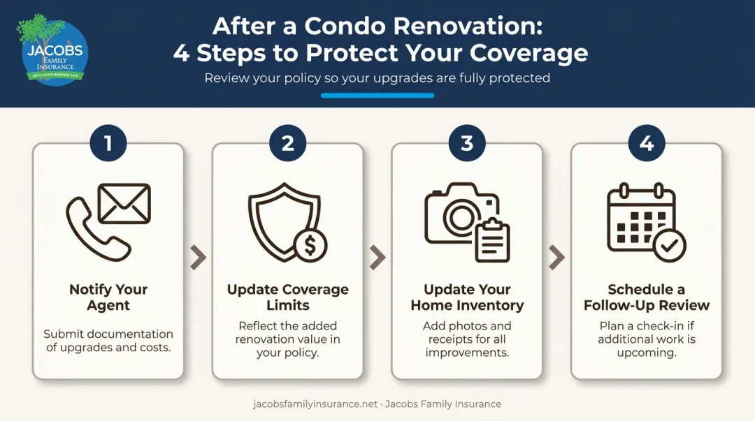 Four-step post-renovation condo insurance update checklist process flow diagram