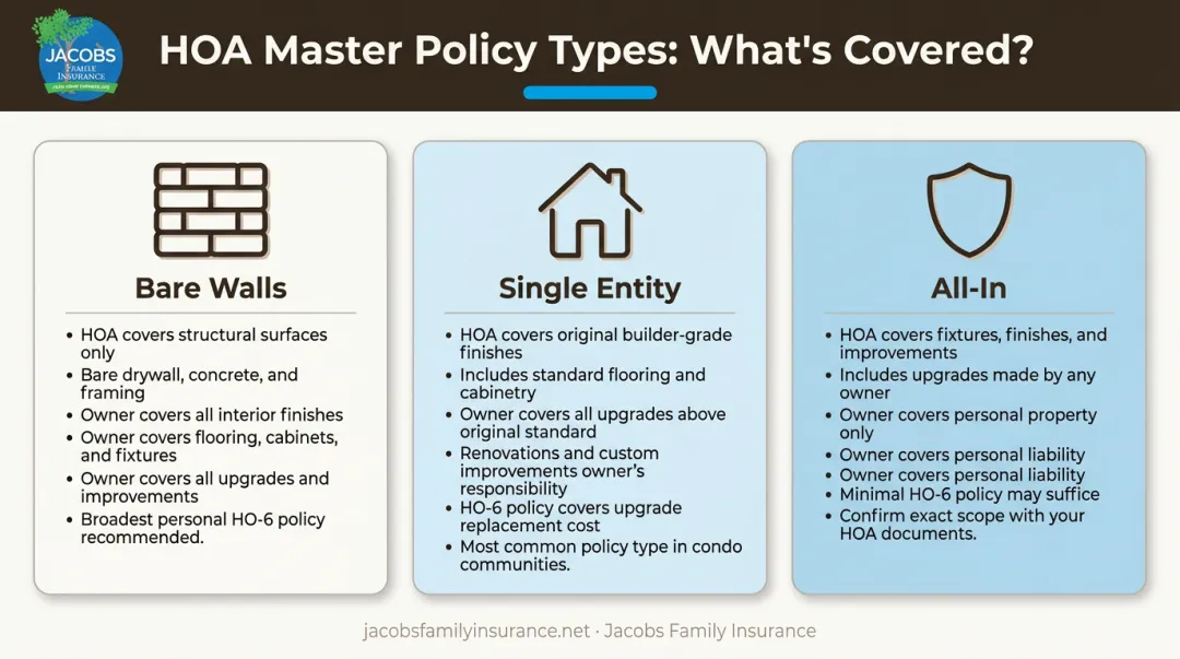 Three HOA master policy types comparison bare walls single entity all-in coverage