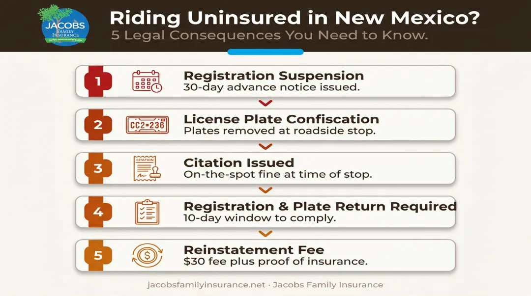 Five legal consequences of riding uninsured in New Mexico step-by-step enforcement flow