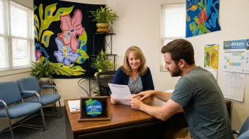 Jacobs Family Insurance agent consulting with renter client in Santa Fe office