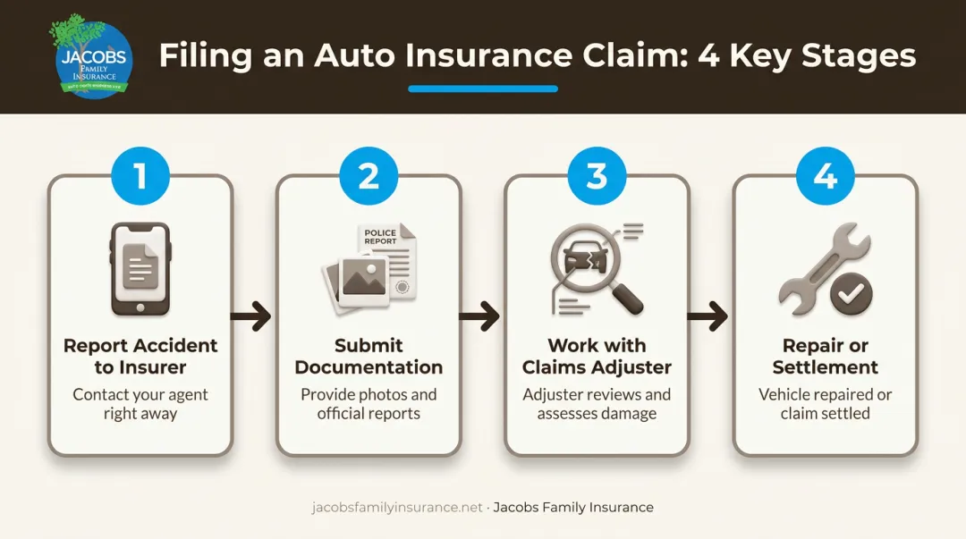 4-step auto insurance claims filing process from report to repair