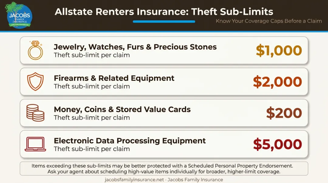 Allstate renters insurance personal property theft sub-limits comparison table infographic