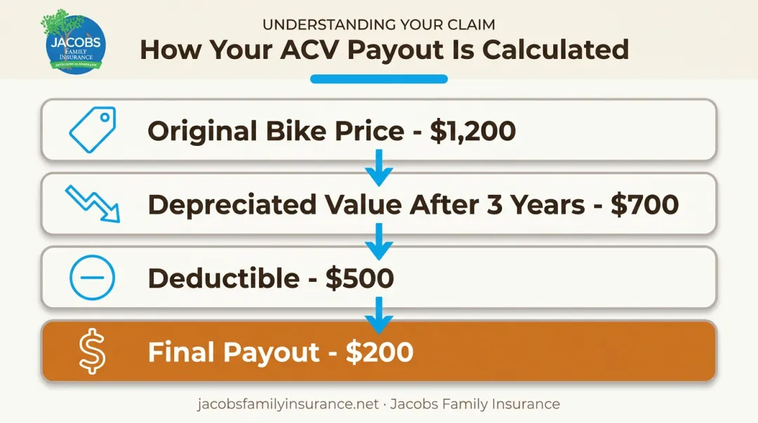 Actual cash value bike theft claim payout calculation breakdown infographic