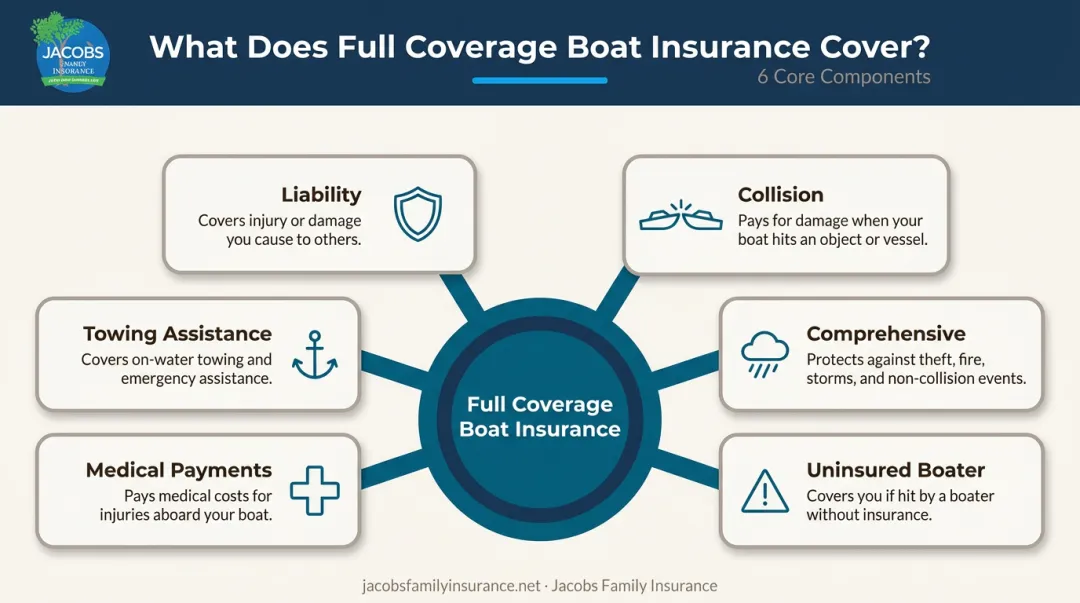 Six components of full coverage boat insurance policy explained visually