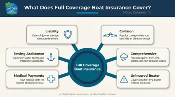 Six components of full coverage boat insurance policy explained visually