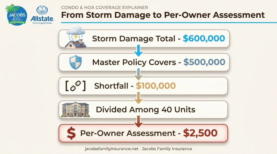 Condo special assessment calculation breakdown from damage total to owner cost