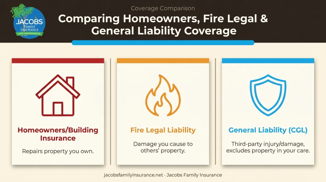 Comparison of homeowners fire legal liability and general liability insurance coverage