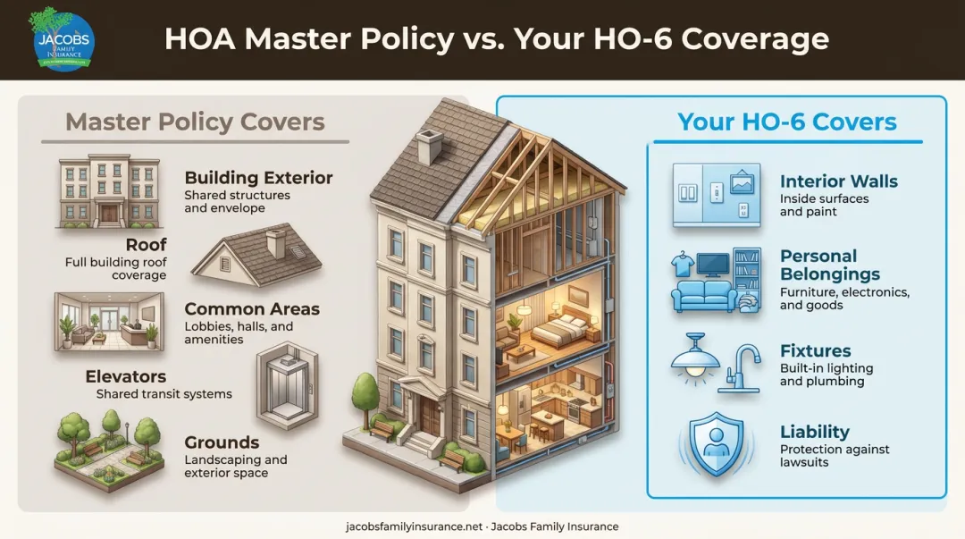 HOA master policy versus individual HO-6 policy coverage comparison diagram