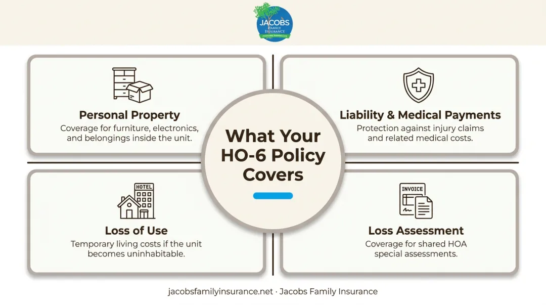 Four core HO-6 condo insurance coverage types icon grid
