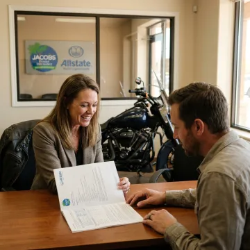 Insurance agent reviewing motorcycle coverage with rider