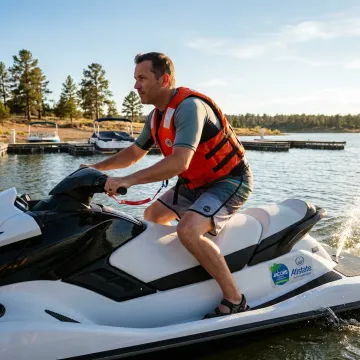 Jet Ski on the water with insurance protection concept