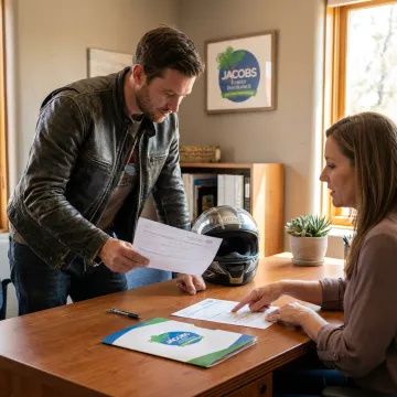 Motorcycle rider discussing insurance savings